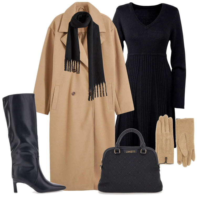 Outfit donna - Warm e chic. Stile Chic per Serata fuori. Abbinamento con vestiti, sciarpe, cappotti, borse a spalla, stivali, guanti.