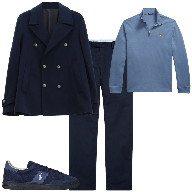 Outfit uomo - Trendy blu azzurro. Stile Trendy per Tutti i giorni. Abbinamento con cappotti, pantaloni chino, pullovers, sneakers.