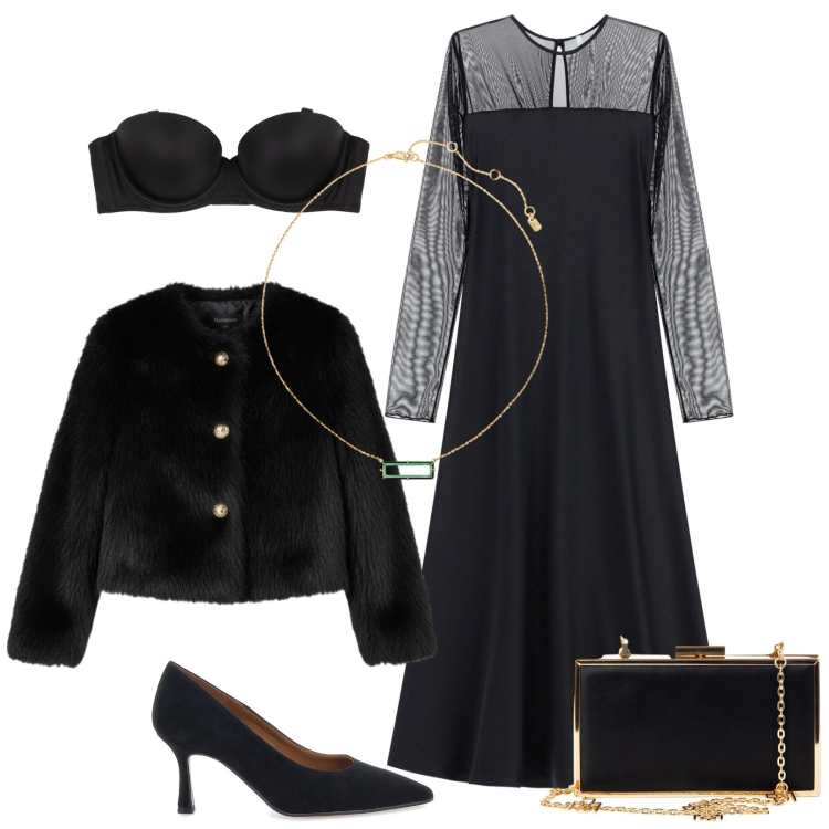 Outfit donna - Total look #2301948. Stile Glamour per Serata fuori. Abbinamento con pochette, ecopellicce, reggiseni, vestiti lunghi, collane, décolleté.