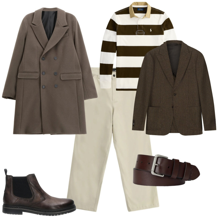 Outfit uomo - Trendy marrone bianco week end. Stile Trendy per Tutti i giorni. Abbinamento con cappotti, pantaloni, cinture, maglieria, giacche, stivali e stivaletti.
