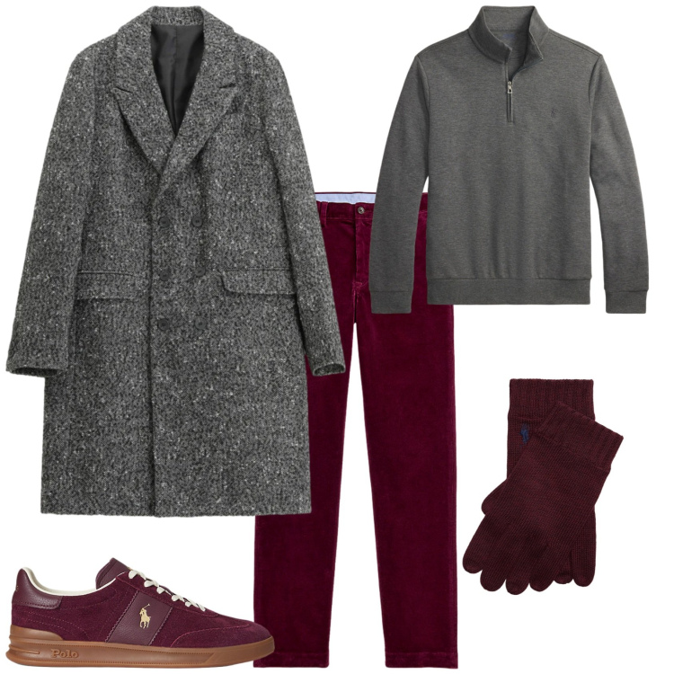 Outfit uomo - Trendy grigio bordeaux. Stile Trendy per Tutti i giorni. Abbinamento con cappotti, pantaloni, sneakers, guanti, pullovers.