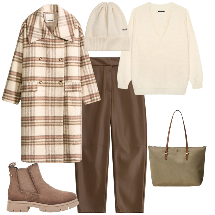 Outfit donna - Casual chic marrone bianco. Stile Casual chic per Tutti i giorni. Abbinamento con cappotti, pantaloni, berretti, borse tote, stivaletti chelsea, maglieria.