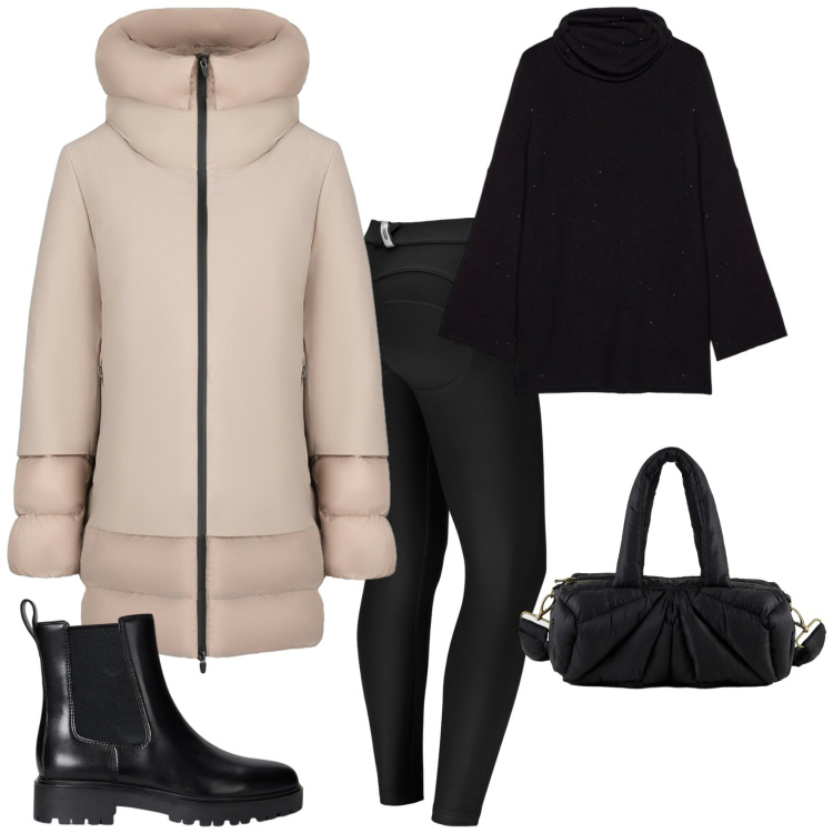 Outfit donna - Trendy per la montagna. Stile Trendy per Tutti i giorni. Abbinamento con pantaloni skinny, stivaletti chelsea, cappotti, borse a mano, maglieria.