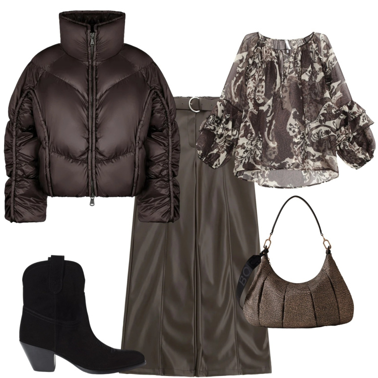 Outfit donna - Trendy serata fuori. Stile Trendy per Serata fuori. Abbinamento con pantaloni, camicie, borse a spalla, stivaletti, piumini.