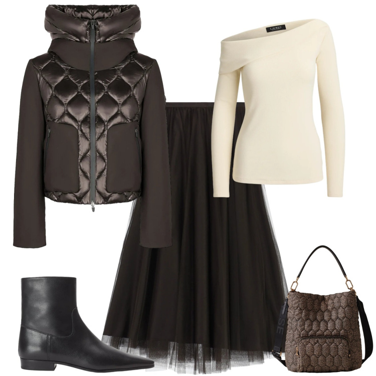 Outfit donna - Minimal chic cioccolato bianco e tulle. Stile Chic per Tutti i giorni. Abbinamento con gonne lunghe, borse a secchiello, top, stivaletti, piumini.