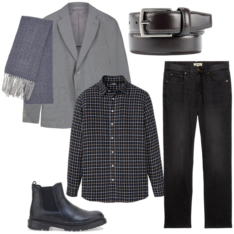 Outfit uomo - Total look #2301956. Stile Business/Elegante per Serata speciale. Abbinamento con camicie, jeans dritti, sciarpe, giacche, stivali e stivaletti, cinture.