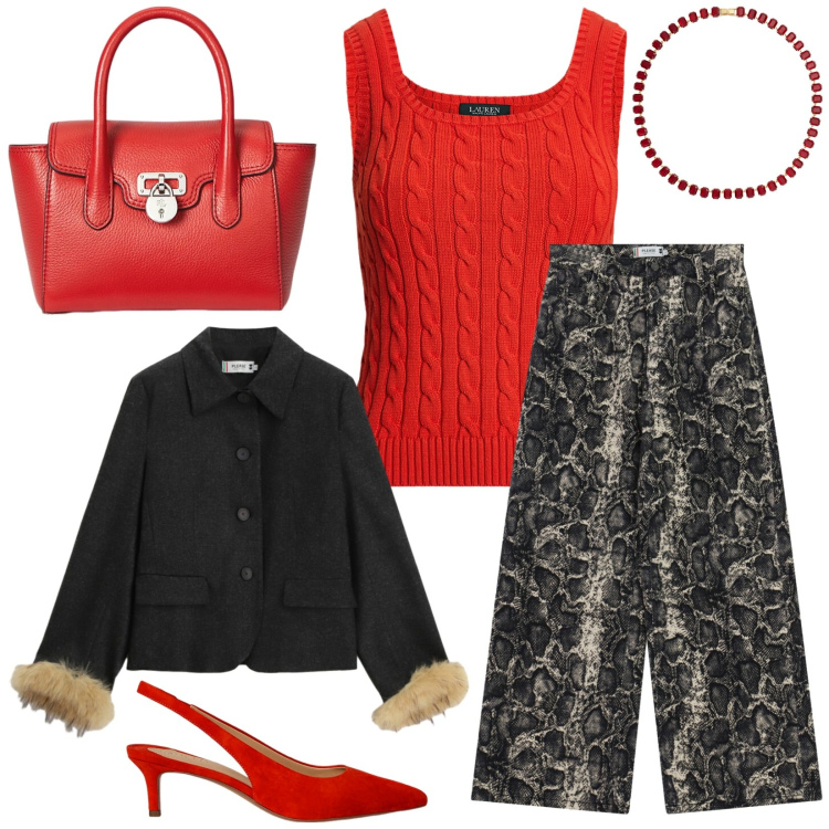 Outfit donna - Total look #2301958. Stile Glamour per Serata fuori. Abbinamento con blazer, pantaloni a palazzo, décolleté, borse a mano, maglieria, collane.