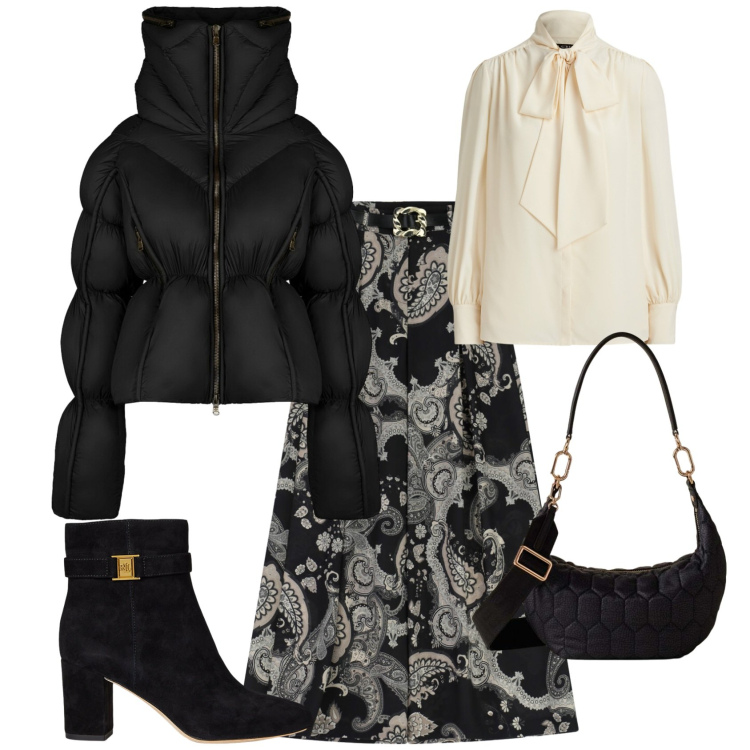 Outfit donna - Chic evento serata speciale. Stile Chic per Serata fuori. Abbinamento con gonne lunghe, borse a tracolla, stivaletti, camicie, piumini.