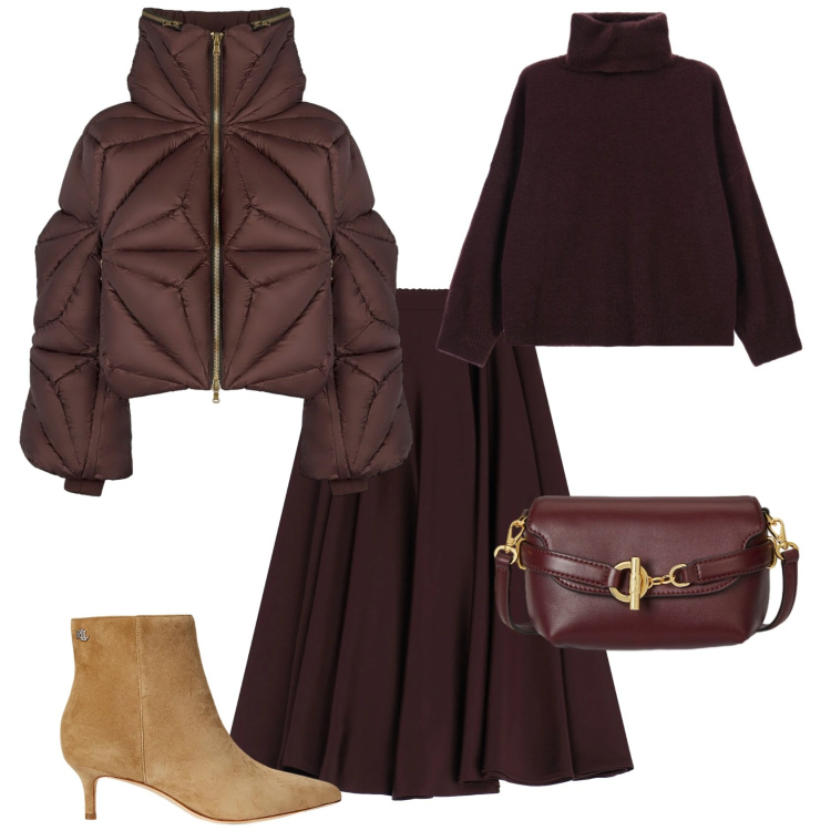 Outfit donna - Chic serata evento speciale burgundy. Stile Chic per Serata fuori. Abbinamento con gonne longuette, maglieria, stivaletti, borse a tracolla, piumini.