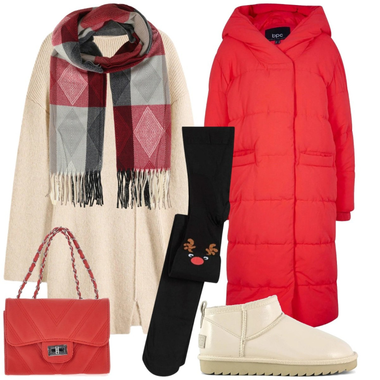 Outfit donna - Happy Christmas. Stile Casual chic per Tutti i giorni. Abbinamento con collant, piumini, vestiti corti, sciarpe, stivali, borse a tracolla.