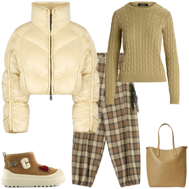Outfit donna - Trendy in città. Stile Trendy per Tutti i giorni. Abbinamento con pantaloni a palazzo, maglieria, borse tote, piumini, stivali.