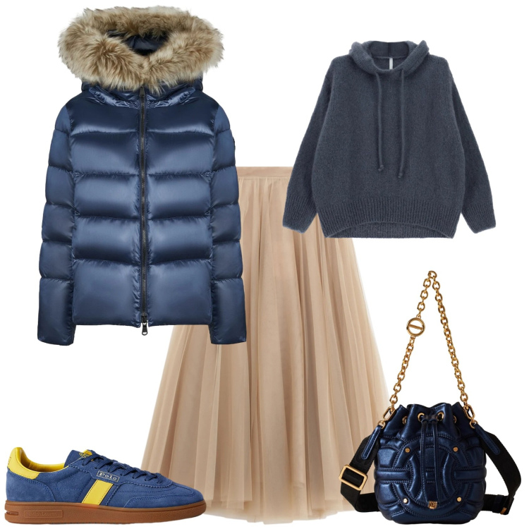 Outfit donna - Casual chic avio beige in città. Stile Casual chic per Tutti i giorni. Abbinamento con gonne lunghe, maglieria, borse a secchiello, sneakers, piumini.