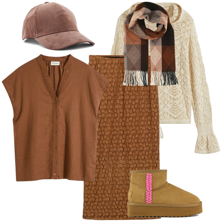 Outfit donna - Warm brown. Stile Casual per Tutti i giorni. Abbinamento con gonne lunghe, camicie a manica corta, maglieria, sciarpe, stivaletti, cappelli con visiera.
