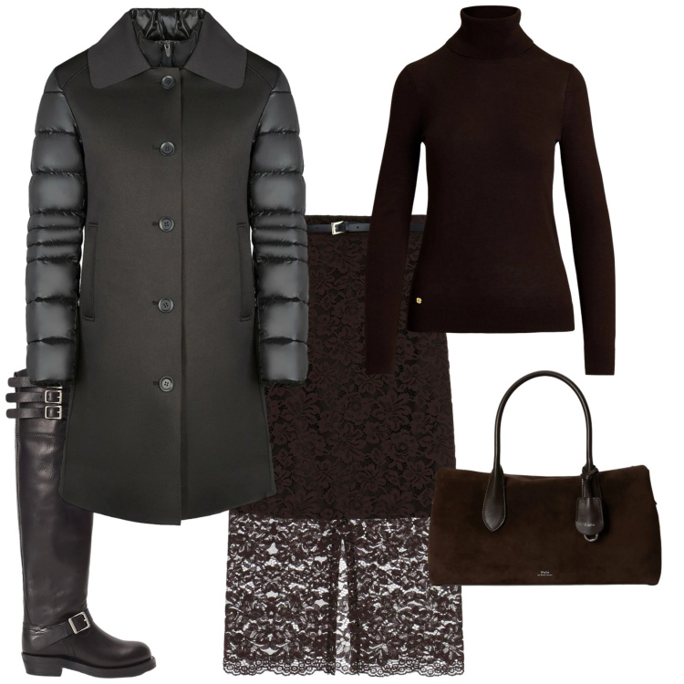 Outfit donna - Minimal chic serata fuori. Stile Minimal per Serata fuori. Abbinamento con gonne lunghe, stivali, maglieria, borse a mano, cappotti.