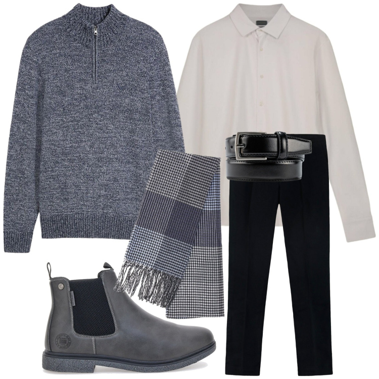 Outfit uomo - Uscita invernale. Stile Trendy per Serata speciale. Abbinamento con maglieria, stivali e stivaletti, sciarpe, pantaloni, polo, cinture.