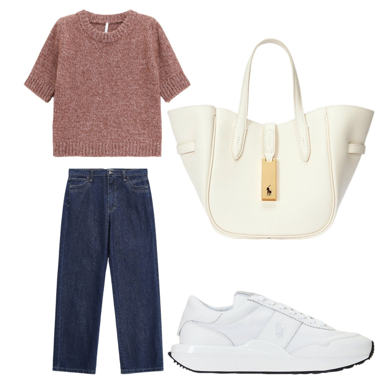 Outfit donna - Aperitivo. Stile Trendy per Tutti i giorni. Abbinamento con jeans dritti, maglieria, sneakers, borse tote.
