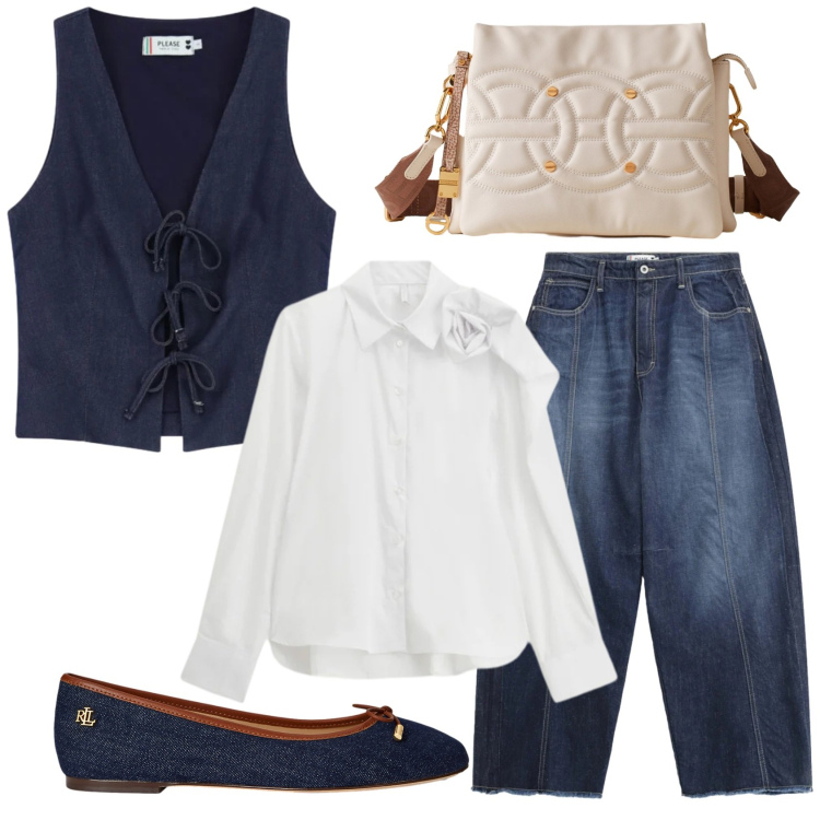 Outfit donna - Total look #2301970. Stile Casual chic per Tutti i giorni. Abbinamento con jeans, top, camicie, borse a tracolla, ballerine.