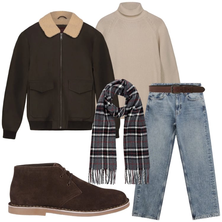 Outfit uomo - Total look #2301972. Stile Casual per Tutti i giorni. Abbinamento con jeans dritti, cinture, bomber, pullovers, stivali e stivaletti, sciarpe.