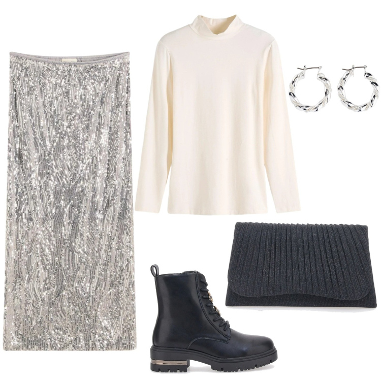 Outfit donna - Cozy ma con stie. Stile Casual chic per Serata fuori. Abbinamento con orecchini, maglieria, gonne longuette, clutch, anfibi.