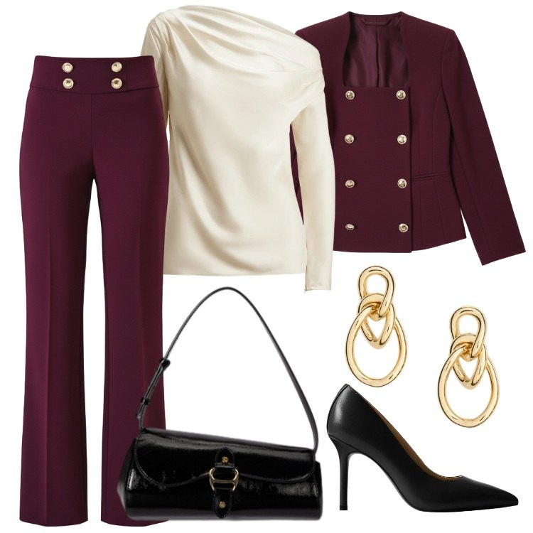 Outfit donna - Total look #2301980. Stile Preppy per Serata fuori. Abbinamento con pantaloni, blazer, bluse, décolleté, borse a spalla, orecchini.