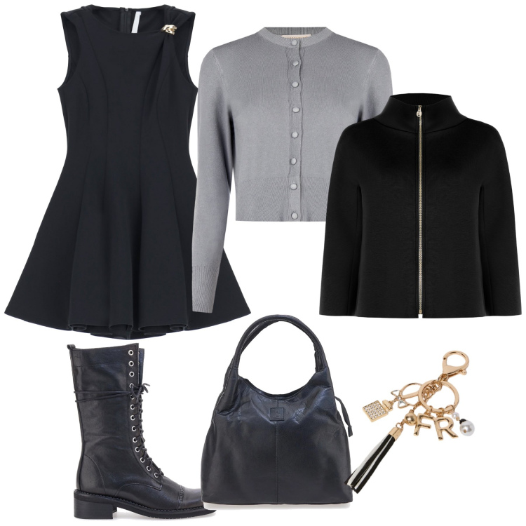 Outfit donna - Total look #2301983. Stile Glamour per Serata fuori. Abbinamento con cardigans, cappe, vestiti corti, anfibi, borse a mano, portachiavi.