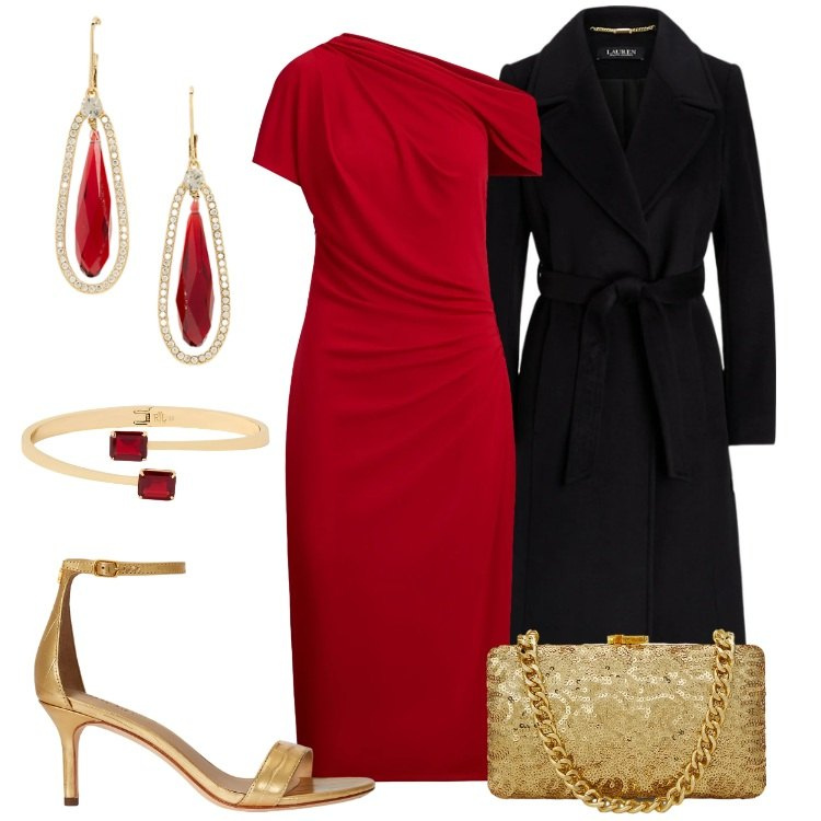 Outfit donna - Total look #2301984. Stile Glamour per Cerimonia. Abbinamento con cappotti, clutch, braccialetti, vestiti asimmetrici, sandali in pelle, orecchini.