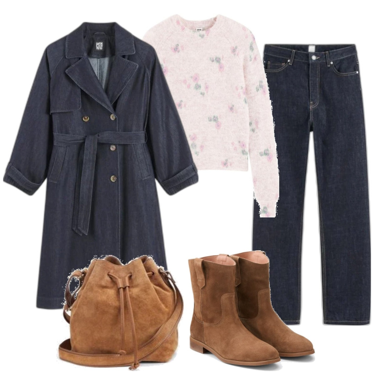 Outfit mujer - Casual #13589. Estilo Casual para Escuela/Universidad. Combinación con bolsos saco, botas, prendas de punto, vaqueros rectos, trench.