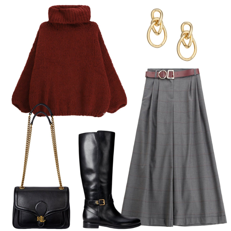 Outfit donna - Maglione morbido. Stile Casual per Tutti i giorni. Abbinamento con maglieria, pantaloni, borse a spalla, stivali, orecchini.