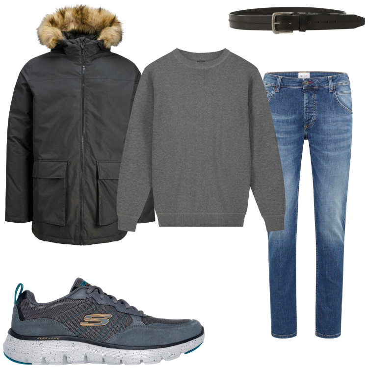 Outfit uomo - Look comodo. Stile Casual per Tutti i giorni. Abbinamento con jeans dritti, parka, cinture, maglieria, sneakers.