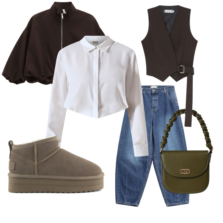 Outfit donna - Total look #2301998. Stile Sporty chic per Scuola/Università. Abbinamento con jeans, gilet, camicie, borse a mano, bomber, stivaletti.