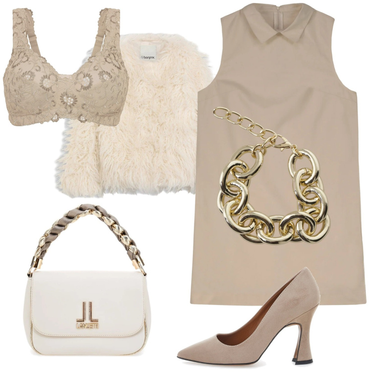 Outfit donna - Abito corto bebè. Stile 70s per Cerimonia. Abbinamento con reggiseni, ecopellicce, braccialetti, vestiti a tubino, décolleté, borse a tracolla.