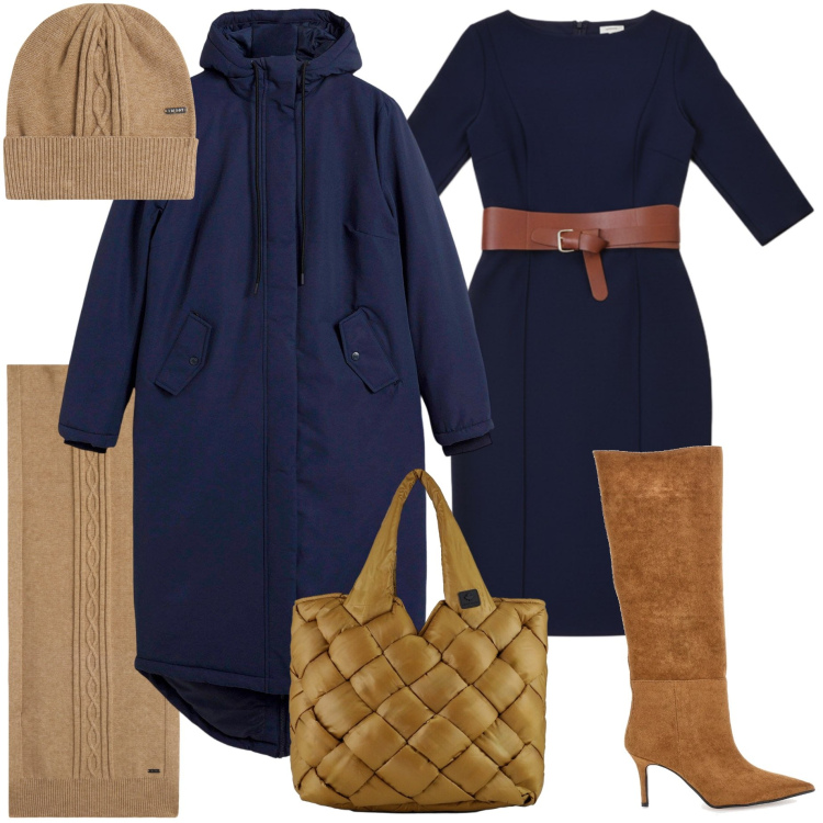 Outfit donna - Warm e chic. Stile Chic per Serata fuori. Abbinamento con blazer, vestiti midi/longuette, berretti, sciarpe, borse tote, stivali.