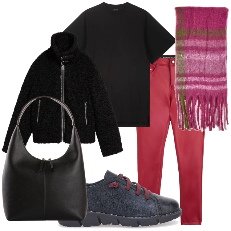 Outfit donna - Total look. Stile Casual per Tutti i giorni. Abbinamento con ecopellicce, shopping bag, pantaloni skinny, scarpe stringate, sciarpe, vestiti lunghi.