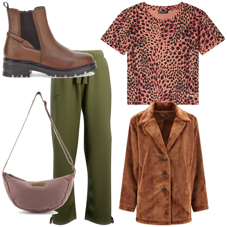 Outfit donna - Martedì. Stile Basic per Tutti i giorni. Abbinamento con cappotti, t-shirt, stivaletti chelsea, borse a tracolla, pantaloni.