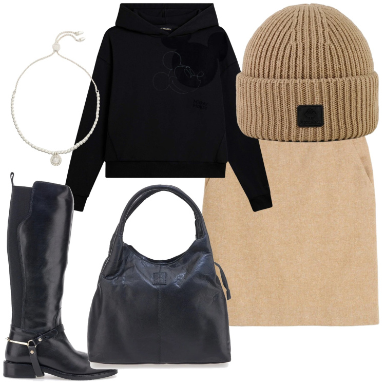 Outfit donna - Maglia e gonna. Stile Urban per Ufficio. Abbinamento con gonne, felpe con cappuccio, braccialetti, berretti, stivali, borse a mano.