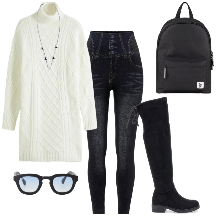 Outfit donna - Un look caldo e moderno. Stile Casual per Tutti i giorni. Abbinamento con jeggings, vestiti, occhiali da sole, collane, zaini, stivali sopra il ginocchio.