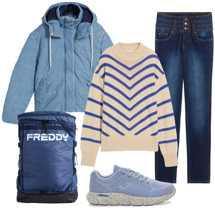 Outfit donna - Total look #2302009. Stile Casual per Tutti i giorni. Abbinamento con maglieria, jeans, giacche, zaini, sneakers.