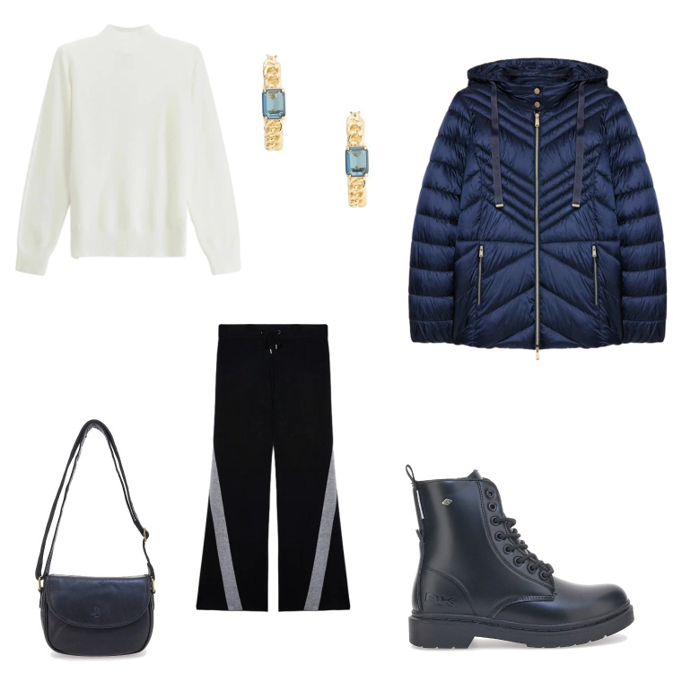 Outfit donna - Bluette. Stile Casual chic per Serata fuori. Abbinamento con maglieria, orecchini, anfibi, piumini, pantaloni, borse a tracolla.