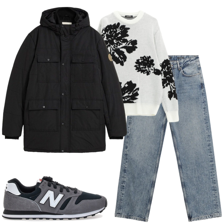 Outfit uomo - Total look #2302014. Stile Casual per Tutti i giorni. Abbinamento con parka, jeans dritti, pullovers, sneakers.