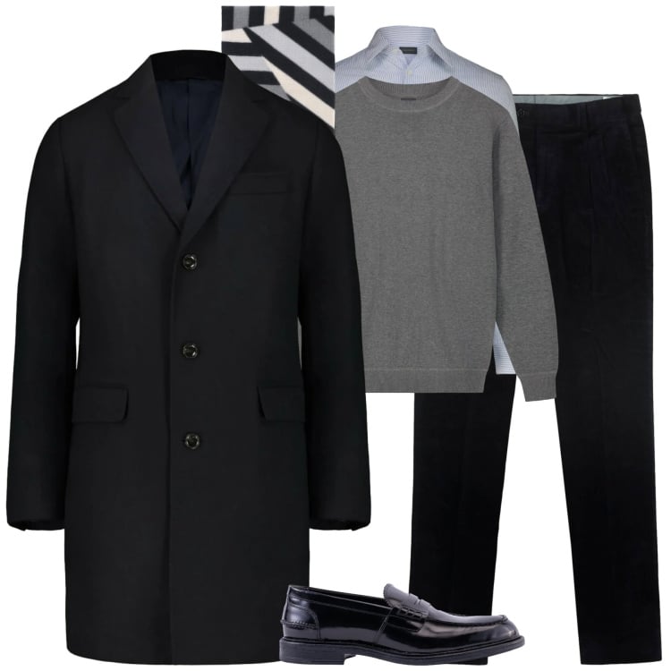 Outfit uomo - Il cappotto protagonista. Stile Business/Elegante per Tutti i giorni. Abbinamento con sciarpe, cappotti, camicie, maglieria, pantaloni, scarpe stringate.