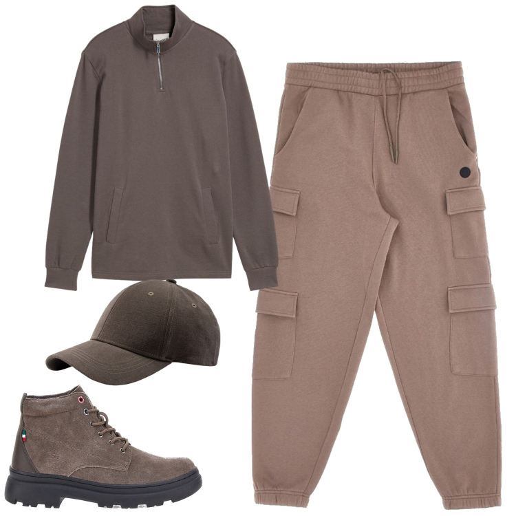 Outfit uomo - Cargo e felpa. Stile Casual per Tutti i giorni. Abbinamento con felpe, stivali e stivaletti, cappelli con visiera, pantaloni cargo.