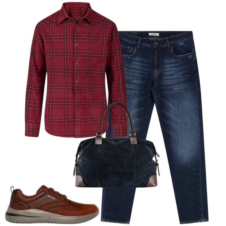 Outfit uomo - Red and Blue. Stile Casual per Tutti i giorni. Abbinamento con jeans dritti, borse sportive, scarpe stringate, camicie.
