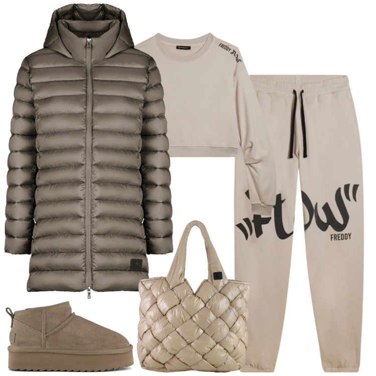Outfit donna - Sporty. Stile Casual per Tutti i giorni. Abbinamento con felpe, pantaloni, piumini, borse tote, stivaletti.