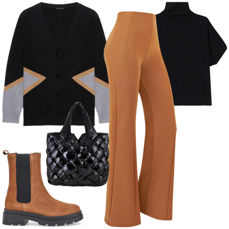 Outfit donna - Dicembre. Stile Casual chic per Tutti i giorni. Abbinamento con maglieria, pantaloni, borse tote, stivaletti chelsea, cardigans.
