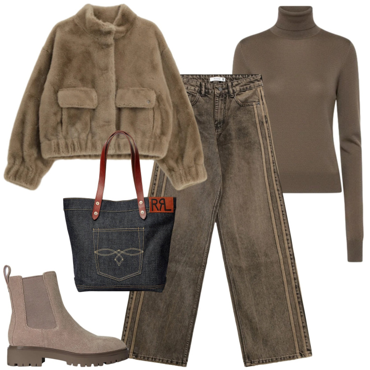 Outfit donna - City. Stile Trendy per Tutti i giorni. Abbinamento con jeans, blazer, borse tote, stivaletti chelsea, maglieria.