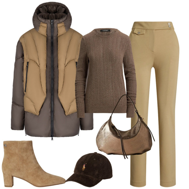 Outfit donna - Warm. Stile Casual chic per Tutti i giorni. Abbinamento con borse a spalla, cappelli con visiera, stivaletti, pantaloni, maglieria, piumini.