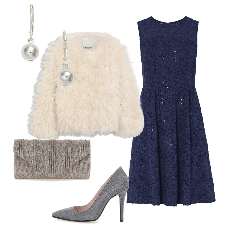 Outfit donna - Blu e argento per le Feste. Stile Chic per Serata fuori. Abbinamento con ecopellicce, vestiti, orecchini, clutch, décolleté.