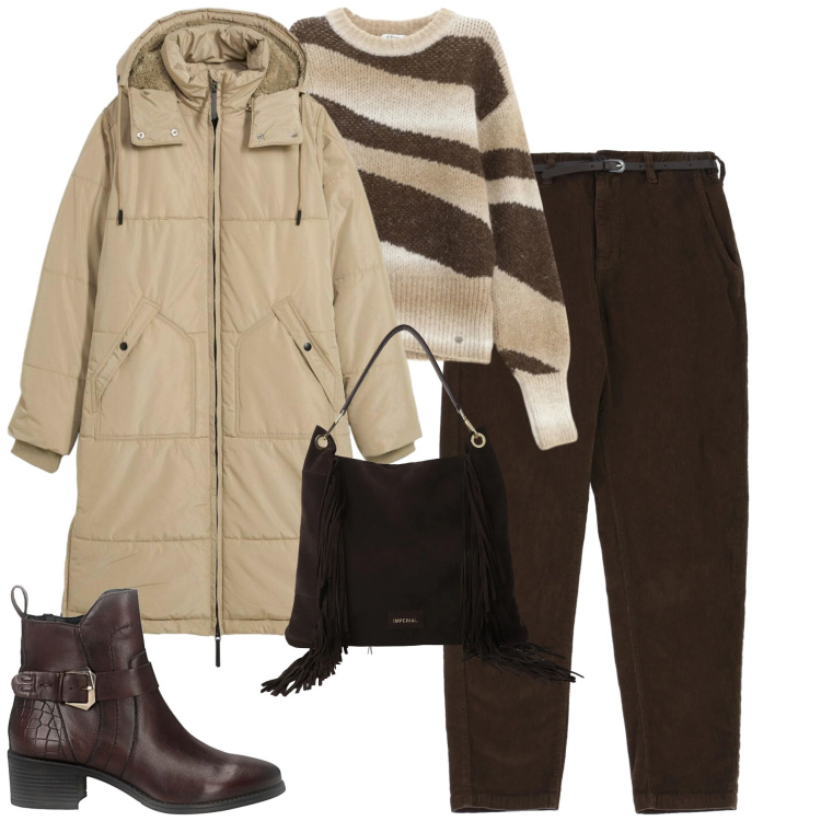 Outfit donna - Dicembre. Stile Urban per Tutti i giorni. Abbinamento con piumini, pantaloni chino, pullovers, borse a spalla, stivaletti.