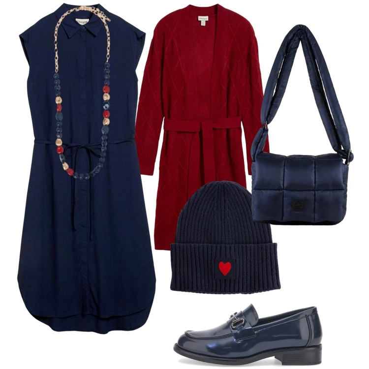 Outfit donna - Blu d\'inverno. Stile Trendy per Tutti i giorni. Abbinamento con vestiti, cardigans, berretti, borse a spalla, mocassini, collane.