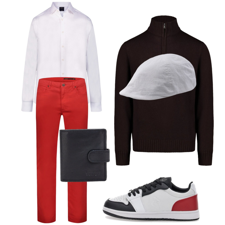 Outfit uomo - A cena fuori. Stile Trendy per Serata speciale. Abbinamento con pantaloni, sneakers, camicie, portafogli, cappelli con visiera, maglieria.